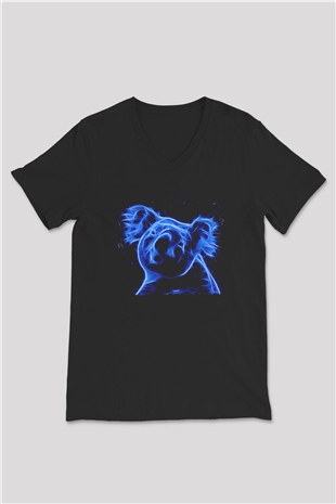 Koala Baskılı Unisex Siyah V Yaka Tişört - Tshirt