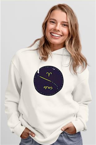 Koç Burcu Baskılı Beyaz Unisex Hoodie