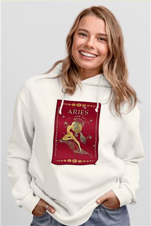 Koç Burcu Baskılı Beyaz Unisex Hoodie