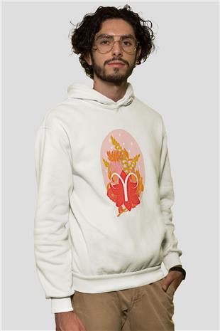 Koç Burcu Baskılı Beyaz Unisex Hoodie