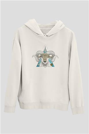 Koç Burcu Baskılı Beyaz Unisex Hoodie