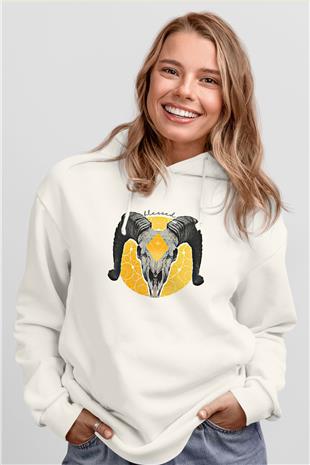 Koç Burcu Baskılı Beyaz Unisex Hoodie