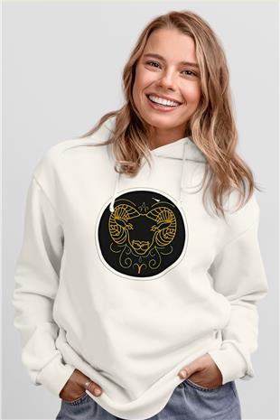 Koç Burcu Baskılı Beyaz Unisex Hoodie