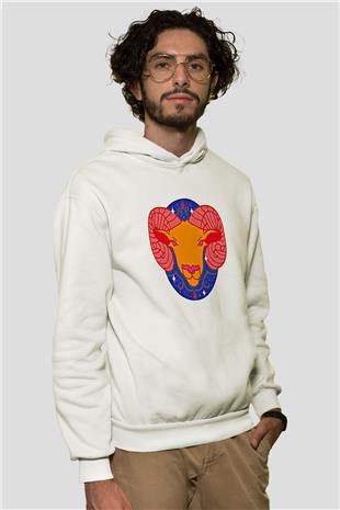 Koç Burcu Baskılı Beyaz Unisex Hoodie