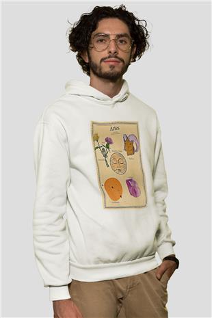 Koç Burcu Baskılı Beyaz Unisex Hoodie