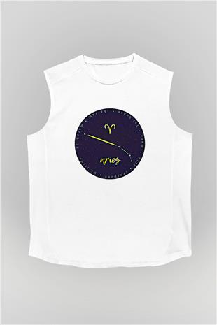 Koç Burcu Baskılı Beyaz Unisex Kolsuz Tişört - Tshirt