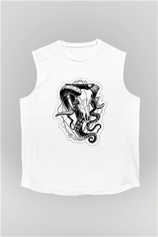 Koç Burcu Baskılı Beyaz Unisex Kolsuz Tişört - Tshirt