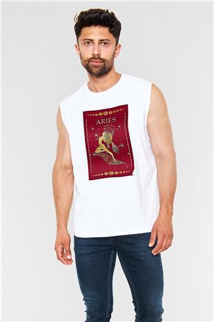 Koç Burcu Baskılı Beyaz Unisex Kolsuz Tişört - Tshirt
