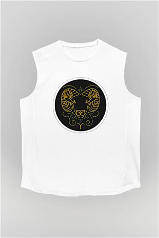 Koç Burcu Baskılı Beyaz Unisex Kolsuz Tişört - Tshirt