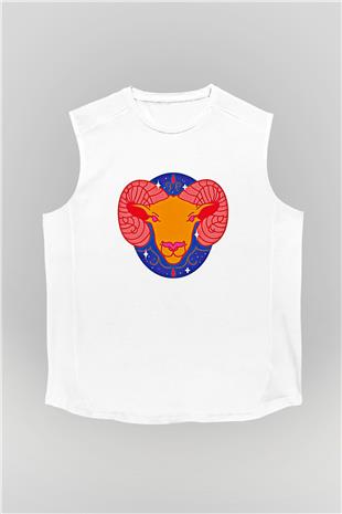 Koç Burcu Baskılı Beyaz Unisex Kolsuz Tişört - Tshirt