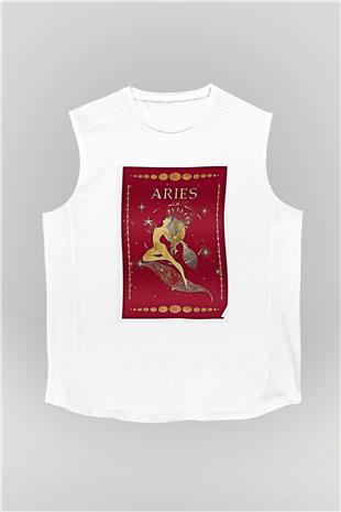 Koç Burcu Baskılı Beyaz Unisex Kolsuz Tişört - Tshirt