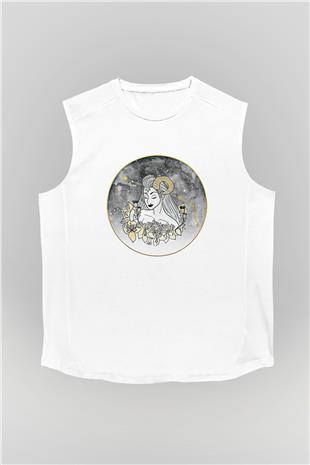Koç Burcu Baskılı Beyaz Unisex Kolsuz Tişört - Tshirt