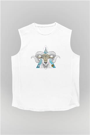Koç Burcu Baskılı Beyaz Unisex Kolsuz Tişört - Tshirt