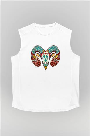 Koç Burcu Baskılı Beyaz Unisex Kolsuz Tişört - Tshirt