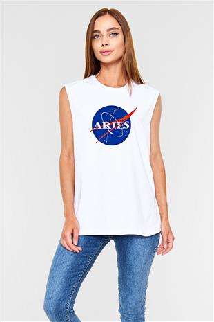 Koç Burcu Baskılı Beyaz Unisex Kolsuz Tişört - Tshirt