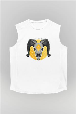 Koç Burcu Baskılı Beyaz Unisex Kolsuz Tişört - Tshirt