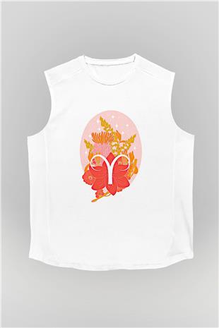 Koç Burcu Baskılı Beyaz Unisex Kolsuz Tişört - Tshirt