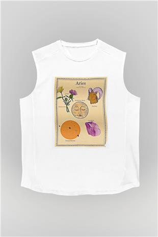 Koç Burcu Baskılı Beyaz Unisex Kolsuz Tişört - Tshirt