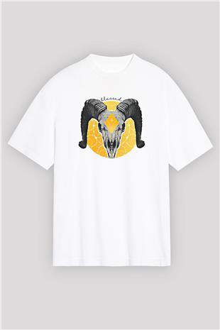 Koç Burcu Baskılı Beyaz Unisex Oversize Tişört - Tshirt
