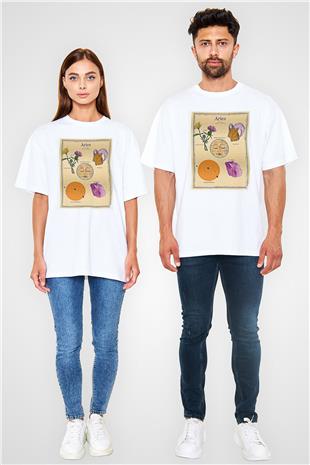 Koç Burcu Baskılı Beyaz Unisex Oversize Tişört - Tshirt