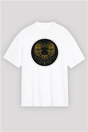 Koç Burcu Baskılı Beyaz Unisex Oversize Tişört - Tshirt