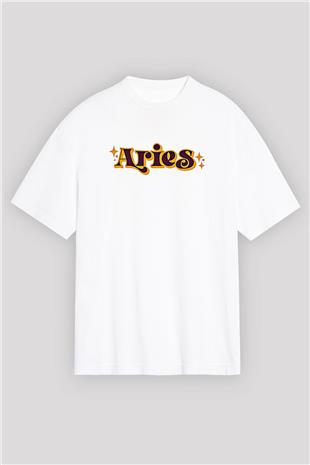 Koç Burcu Baskılı Beyaz Unisex Oversize Tişört - Tshirt