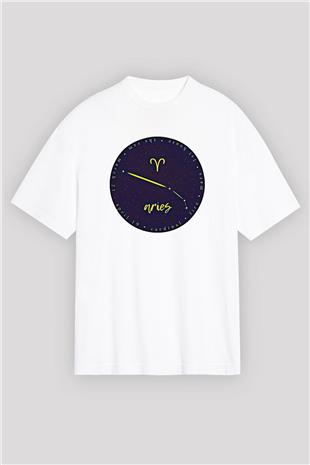 Koç Burcu Baskılı Beyaz Unisex Oversize Tişört - Tshirt