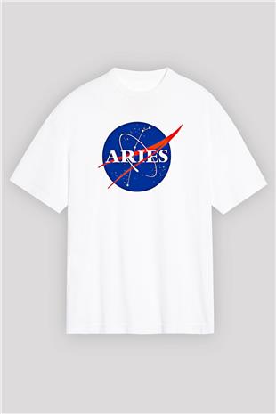 Koç Burcu Baskılı Beyaz Unisex Oversize Tişört - Tshirt
