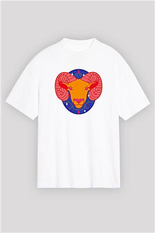 Koç Burcu Baskılı Beyaz Unisex Oversize Tişört - Tshirt
