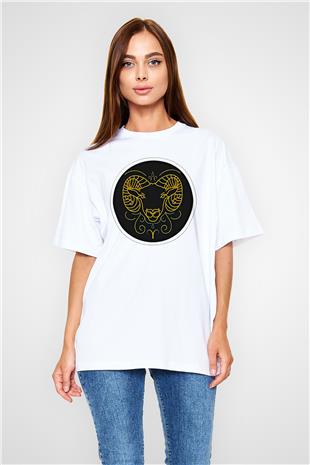 Koç Burcu Baskılı Beyaz Unisex Oversize Tişört - Tshirt