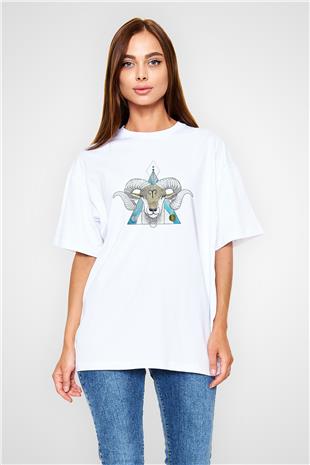 Koç Burcu Baskılı Beyaz Unisex Oversize Tişört - Tshirt