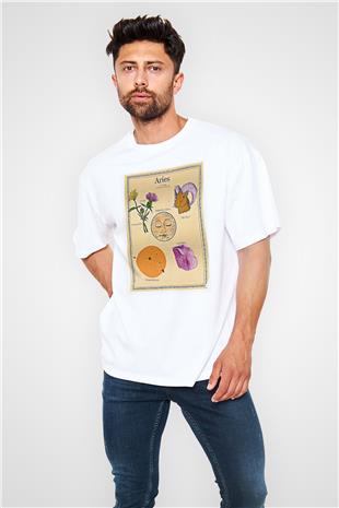 Koç Burcu Baskılı Beyaz Unisex Oversize Tişört - Tshirt