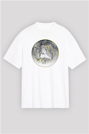 Koç Burcu Baskılı Beyaz Unisex Oversize Tişört - Tshirt