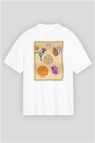 Koç Burcu Baskılı Beyaz Unisex Oversize Tişört - Tshirt