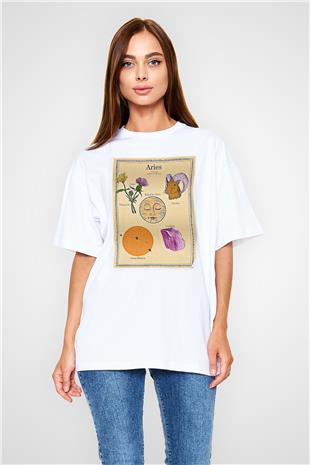 Koç Burcu Baskılı Beyaz Unisex Oversize Tişört - Tshirt
