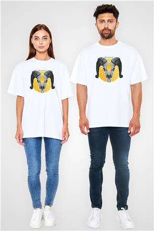 Koç Burcu Baskılı Beyaz Unisex Oversize Tişört - Tshirt