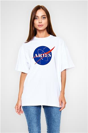 Koç Burcu Baskılı Beyaz Unisex Oversize Tişört - Tshirt