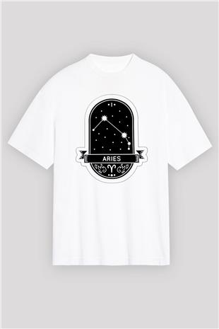 Koç Burcu Baskılı Beyaz Unisex Oversize Tişört - Tshirt