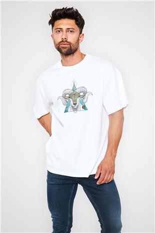 Koç Burcu Baskılı Beyaz Unisex Oversize Tişört - Tshirt