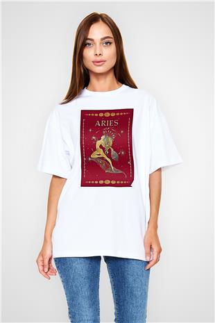 Koç Burcu Baskılı Beyaz Unisex Oversize Tişört - Tshirt