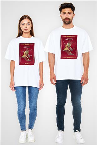 Koç Burcu Baskılı Beyaz Unisex Oversize Tişört - Tshirt