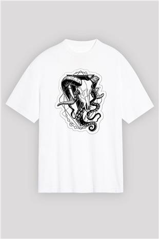 Koç Burcu Baskılı Beyaz Unisex Oversize Tişört - Tshirt
