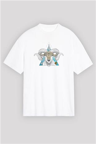 Koç Burcu Baskılı Beyaz Unisex Oversize Tişört - Tshirt