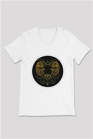 Koç Burcu Baskılı Beyaz Unisex V Yaka Tişört - Tshirt