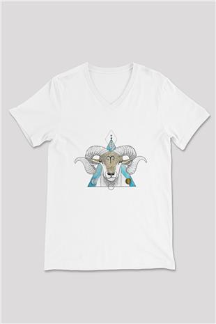 Koç Burcu Baskılı Beyaz Unisex V Yaka Tişört - Tshirt