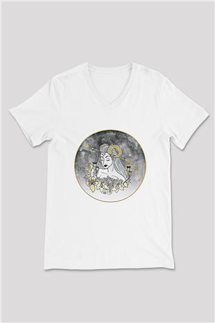 Koç Burcu Baskılı Beyaz Unisex V Yaka Tişört - Tshirt