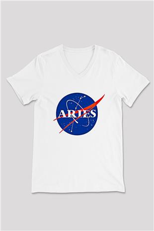 Koç Burcu Baskılı Beyaz Unisex V Yaka Tişört - Tshirt