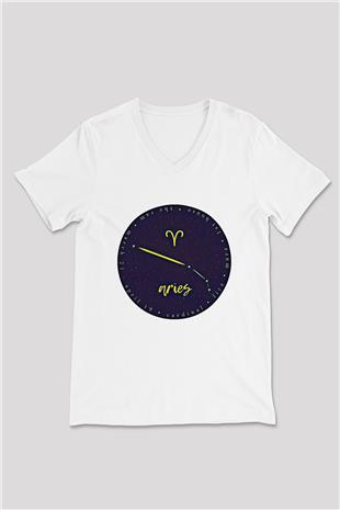 Koç Burcu Baskılı Beyaz Unisex V Yaka Tişört - Tshirt
