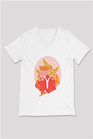 Koç Burcu Baskılı Beyaz Unisex V Yaka Tişört - Tshirt