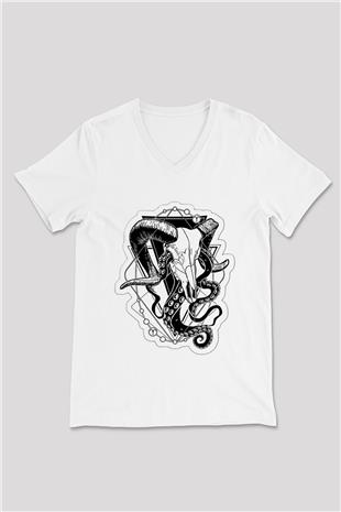 Koç Burcu Baskılı Beyaz Unisex V Yaka Tişört - Tshirt